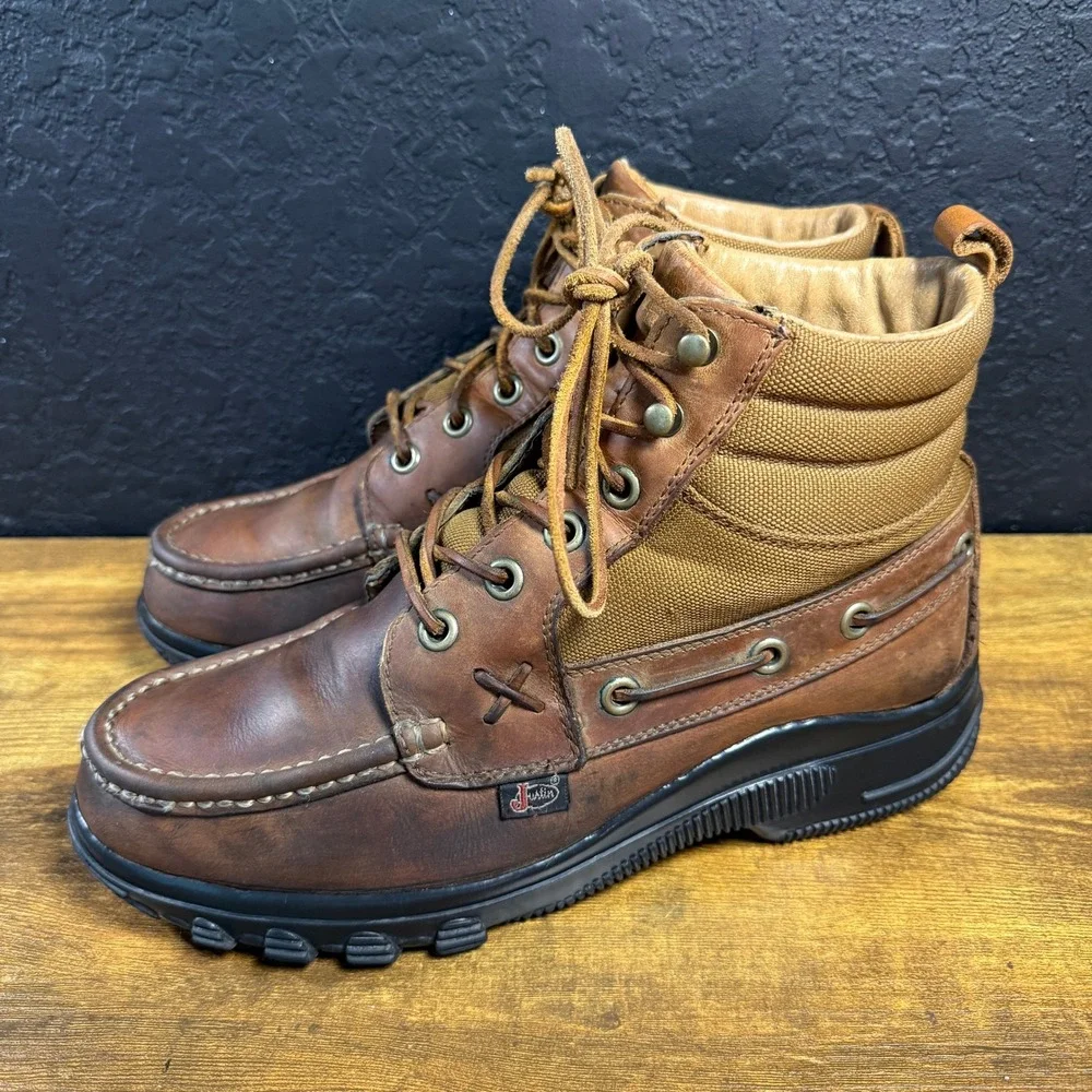 Justin 999 Brown Leather Canvas‎ Moc Toe Work Boots Mens 10M